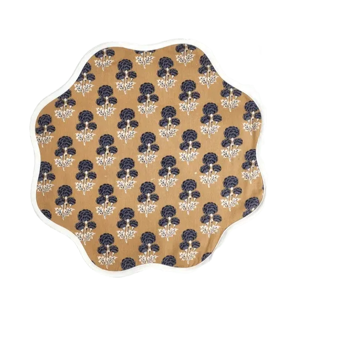 Brown Block Printed Floral Scallop Cotton Placemats