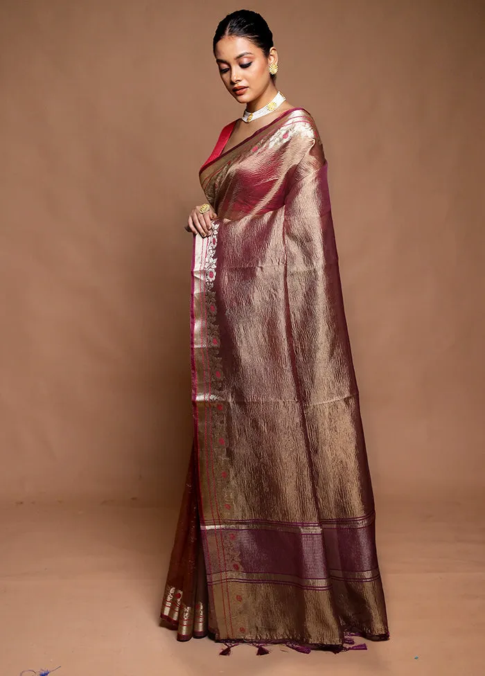 Brown Crushed Tissue Silk Saree With Blouse Piece