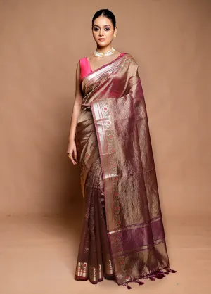 Brown Crushed Tissue Silk Saree With Blouse Piece