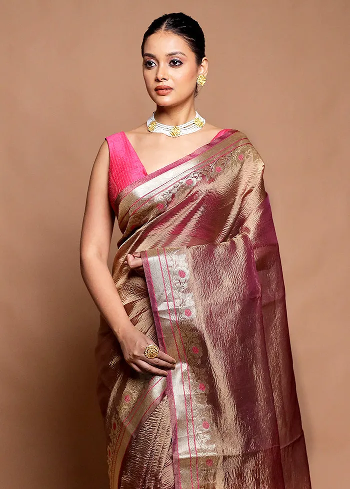 Brown Crushed Tissue Silk Saree With Blouse Piece