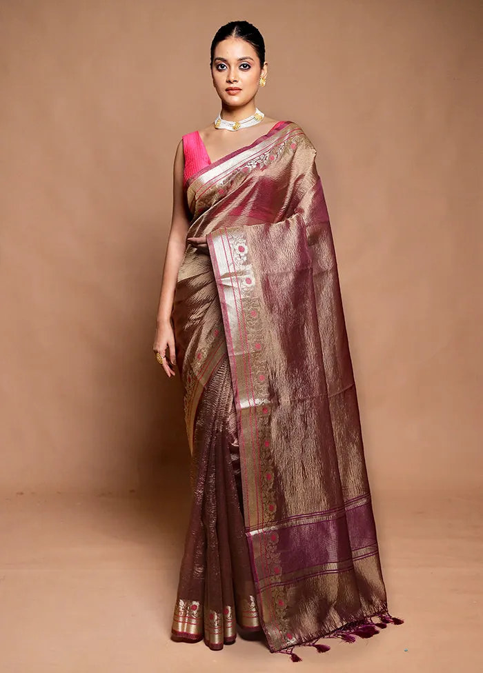 Brown Crushed Tissue Silk Saree With Blouse Piece
