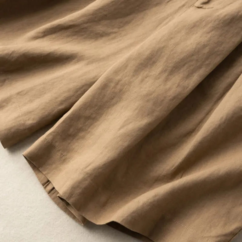 Buddha Stones Casual Solid Color Button Zipper Cotton Linen Women's Shorts With Pockets