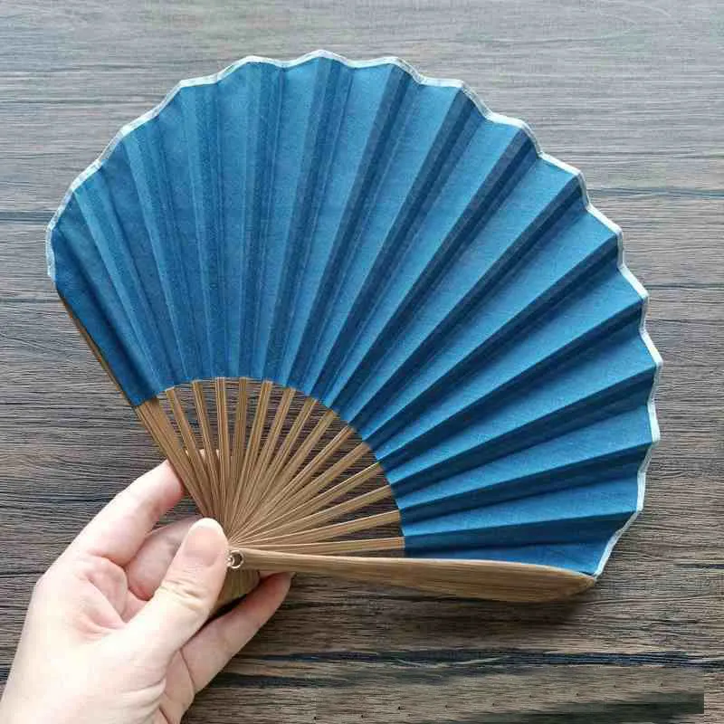 Buddha Stones Retro Solid Color Shell Shape Handheld Bamboo Folding Fan
