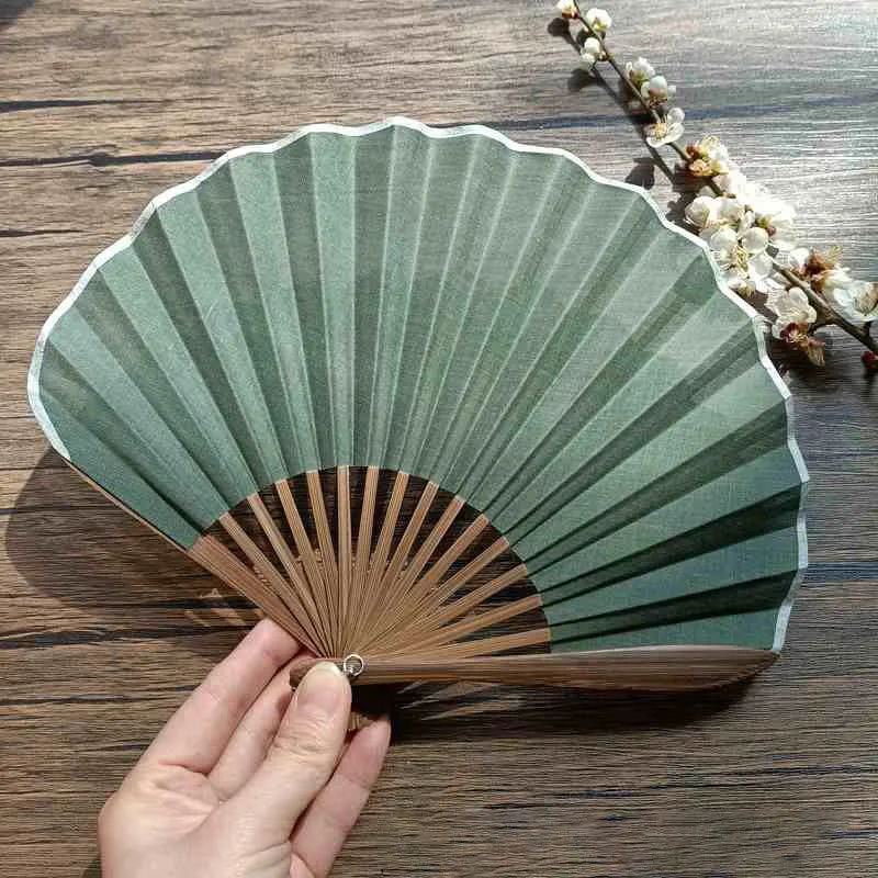 Buddha Stones Retro Solid Color Shell Shape Handheld Bamboo Folding Fan