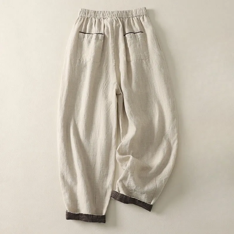 Buddha Stones Summer Casual Pure Color Drawstring 9 Length Cotton Linen Women's Harem Pants With Pockets