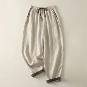 Buddha Stones Summer Casual Pure Color Drawstring 9 Length Cotton Linen Women's Harem Pants With Pockets
