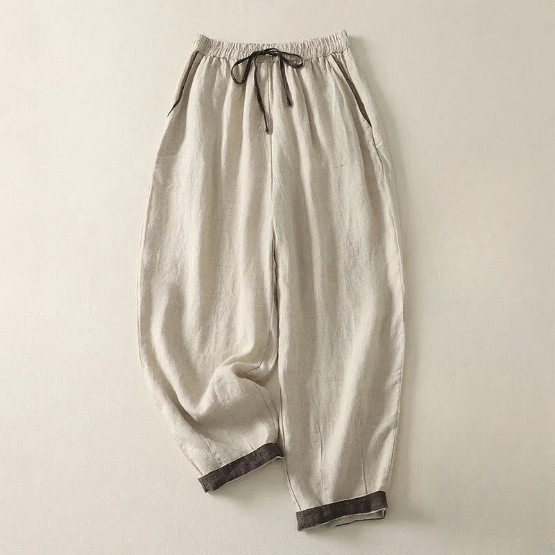 Buddha Stones Summer Casual Pure Color Drawstring 9 Length Cotton Linen Women's Harem Pants With Pockets