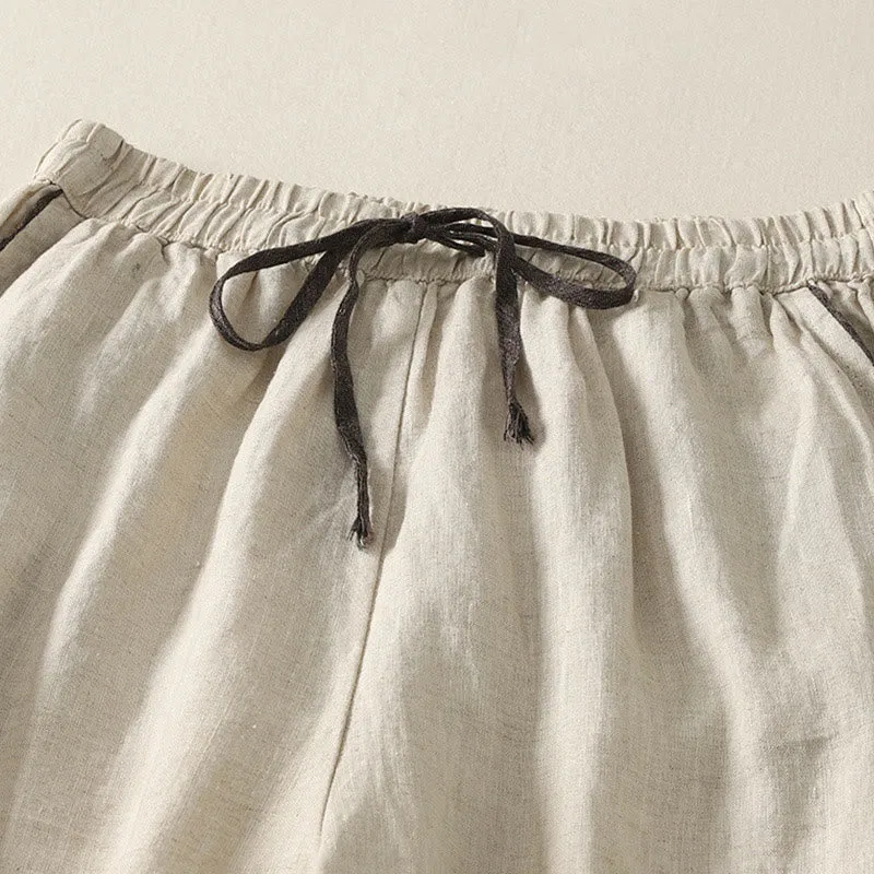 Buddha Stones Summer Casual Pure Color Drawstring 9 Length Cotton Linen Women's Harem Pants With Pockets