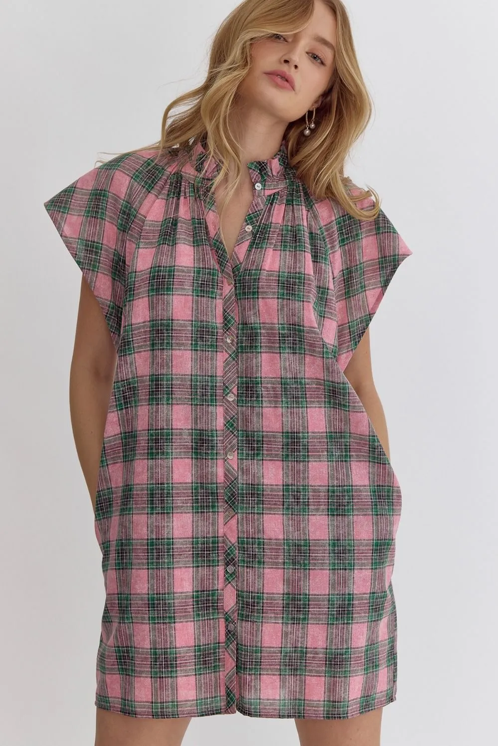 Button Down Plaid Mini Dress {Pink}