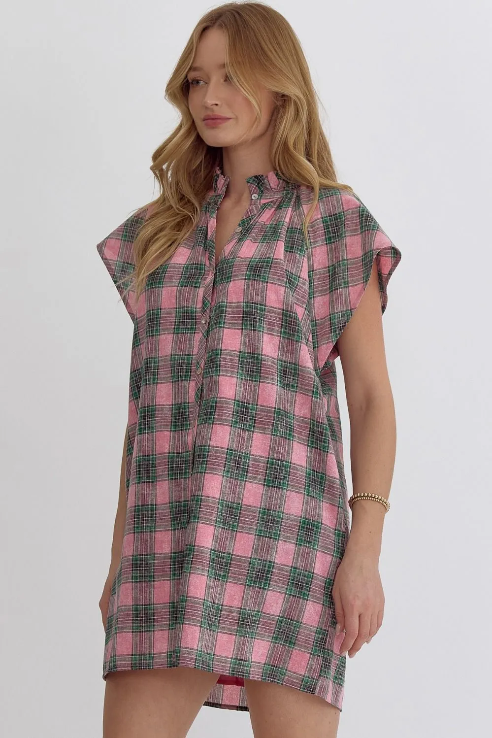 Button Down Plaid Mini Dress {Pink}