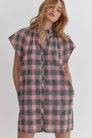 Button Down Plaid Mini Dress {Pink}