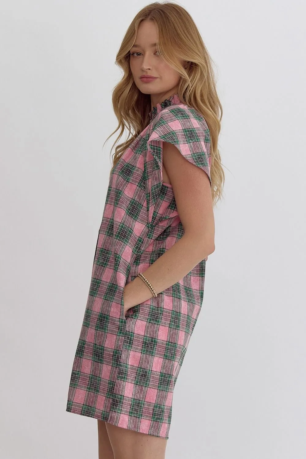 Button Down Plaid Mini Dress {Pink}