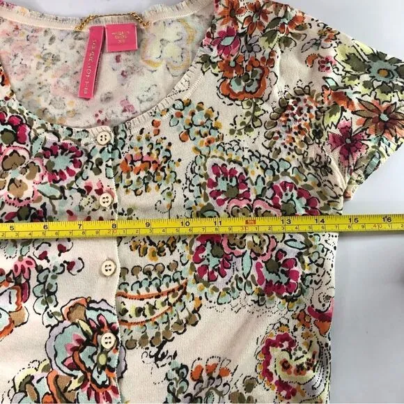 Charlotte Tarantola Floral Silk Short Sleeve Sweater Button Front Size XS