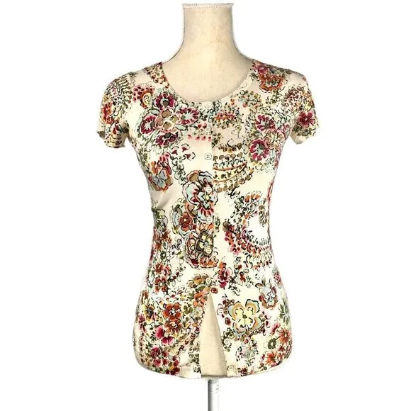 Charlotte Tarantola Floral Silk Short Sleeve Sweater Button Front Size XS