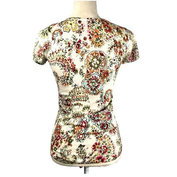 Charlotte Tarantola Floral Silk Short Sleeve Sweater Button Front Size XS