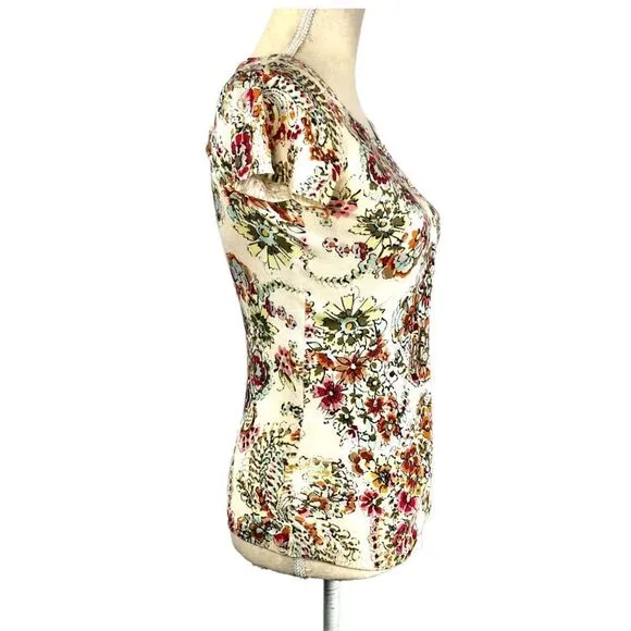 Charlotte Tarantola Floral Silk Short Sleeve Sweater Button Front Size XS