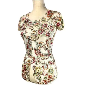 Charlotte Tarantola Floral Silk Short Sleeve Sweater Button Front Size XS