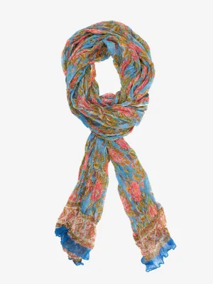 Chiffon Handmade Vibrant Blue and Green Floral Block Print Scarf