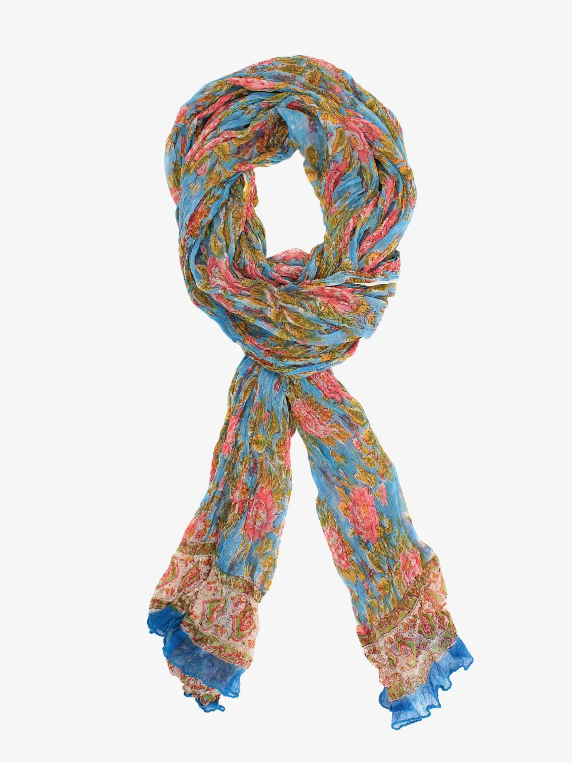 Chiffon Handmade Vibrant Blue and Green Floral Block Print Scarf