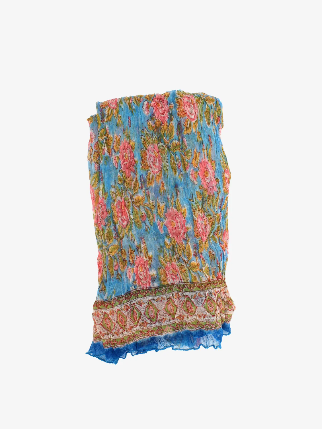 Chiffon Handmade Vibrant Blue and Green Floral Block Print Scarf