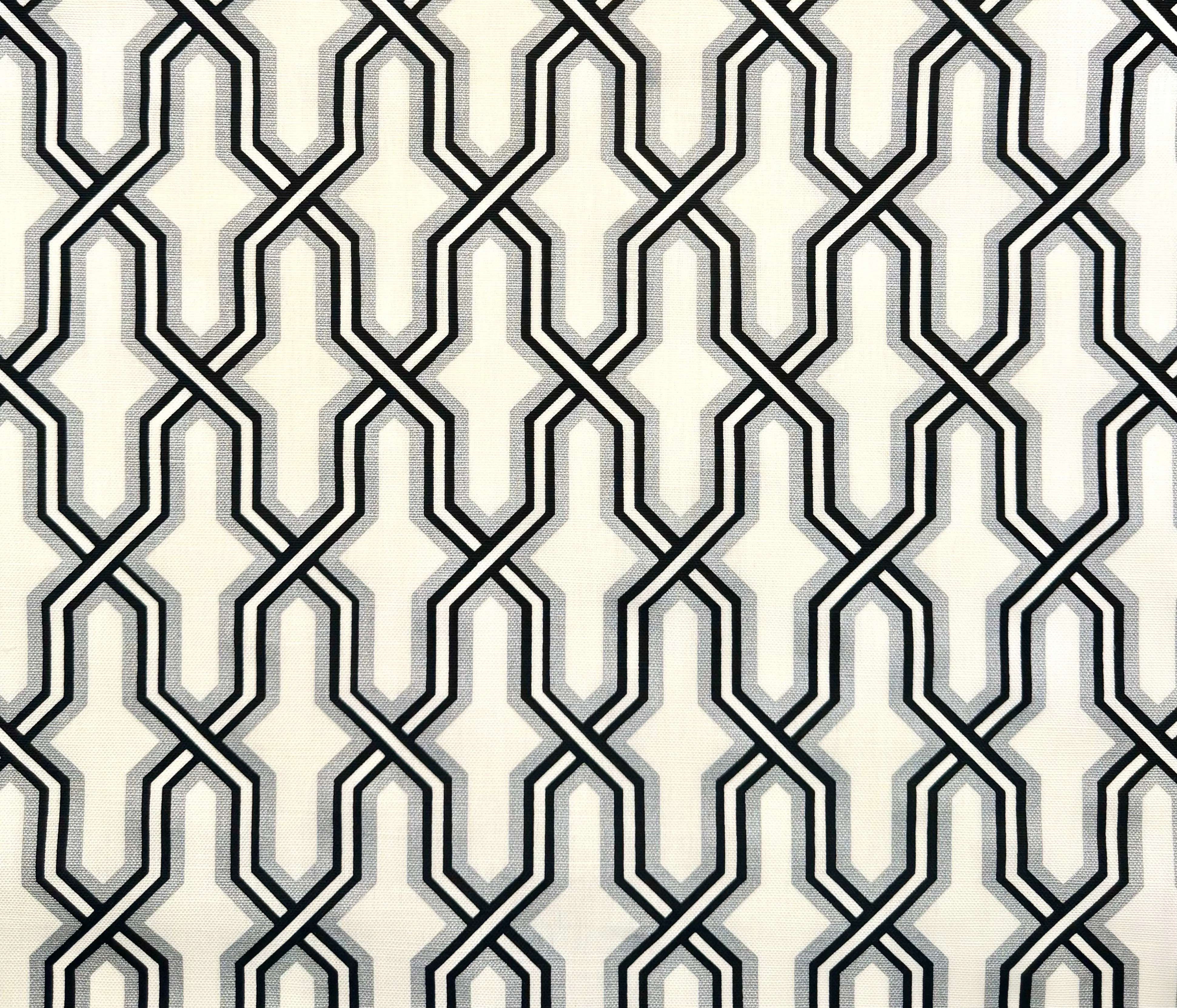 China Seas Fabric: Gorrivan Fretwork - Custom Black / Silver on White Belgian Linen / Cotton
