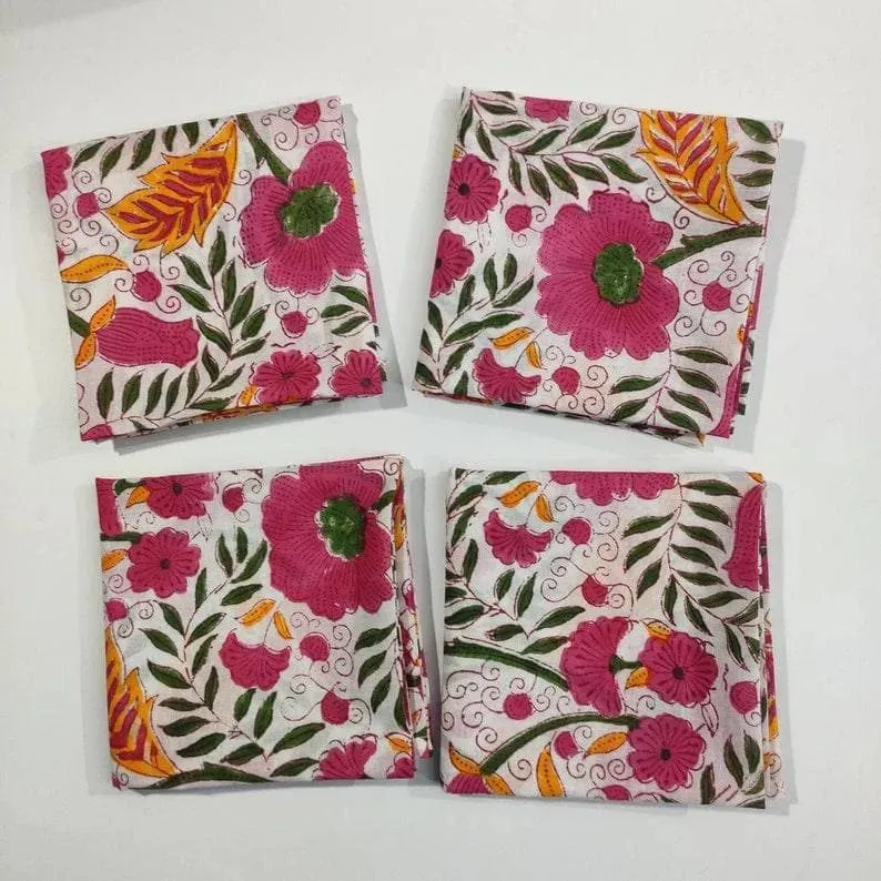 Colorful Spring Floral Block Printed Cotton Napkins