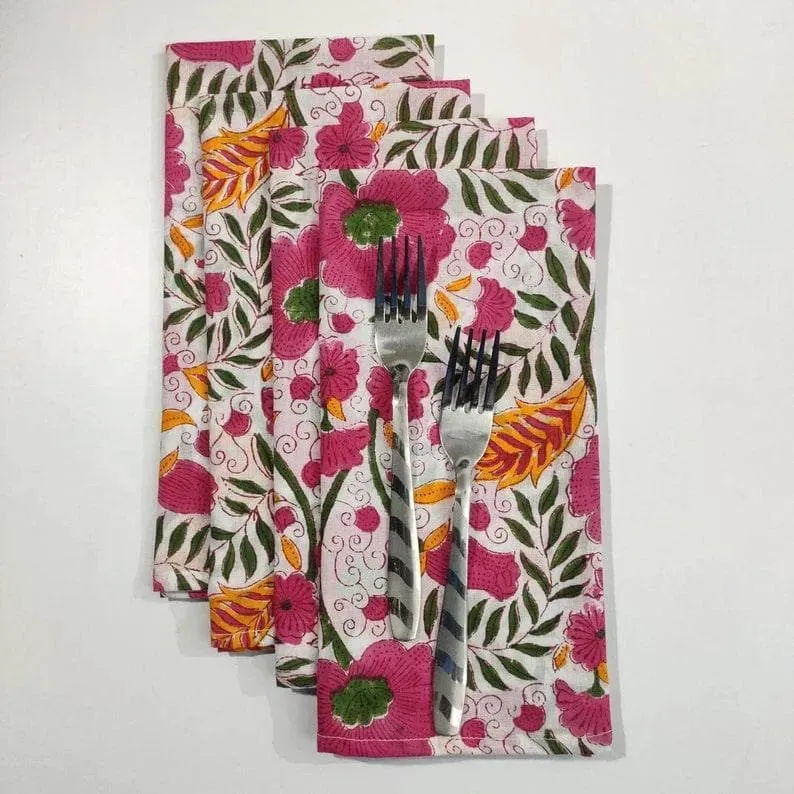 Colorful Spring Floral Block Printed Cotton Napkins