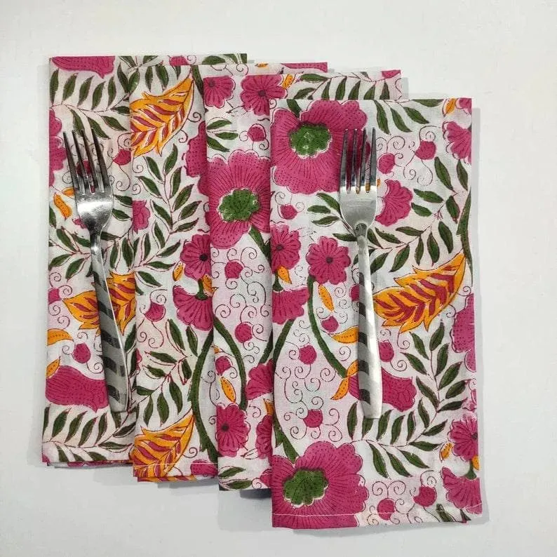 Colorful Spring Floral Block Printed Cotton Napkins