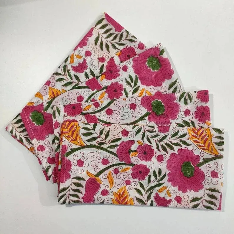 Colorful Spring Floral Block Printed Cotton Napkins