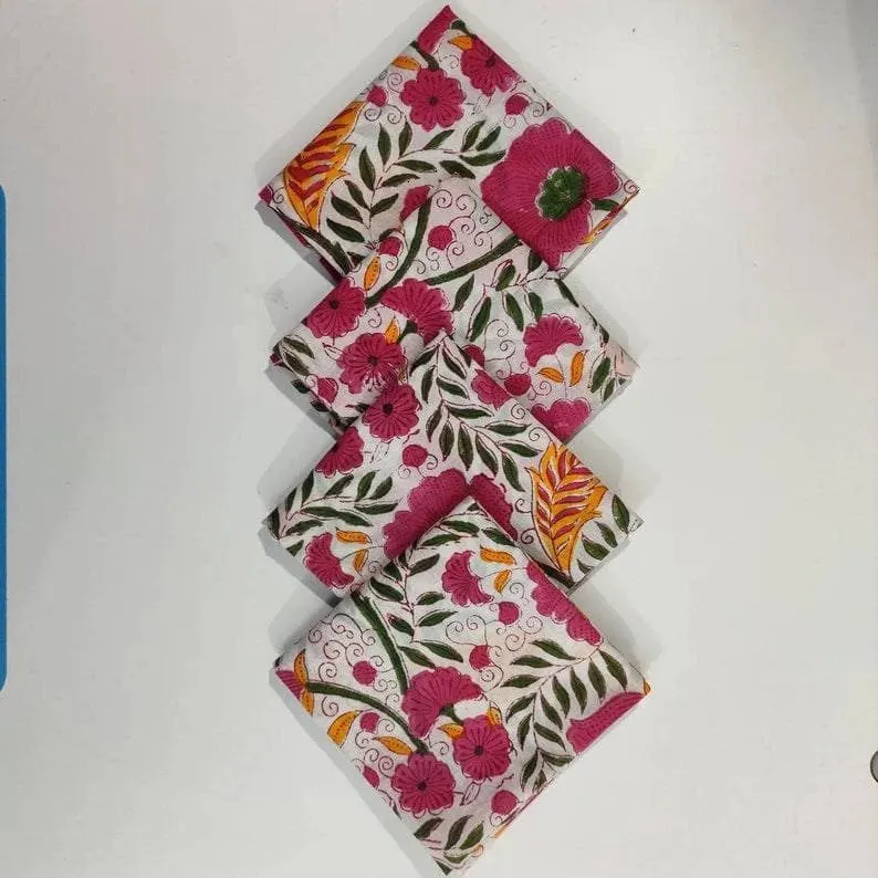 Colorful Spring Floral Block Printed Cotton Napkins