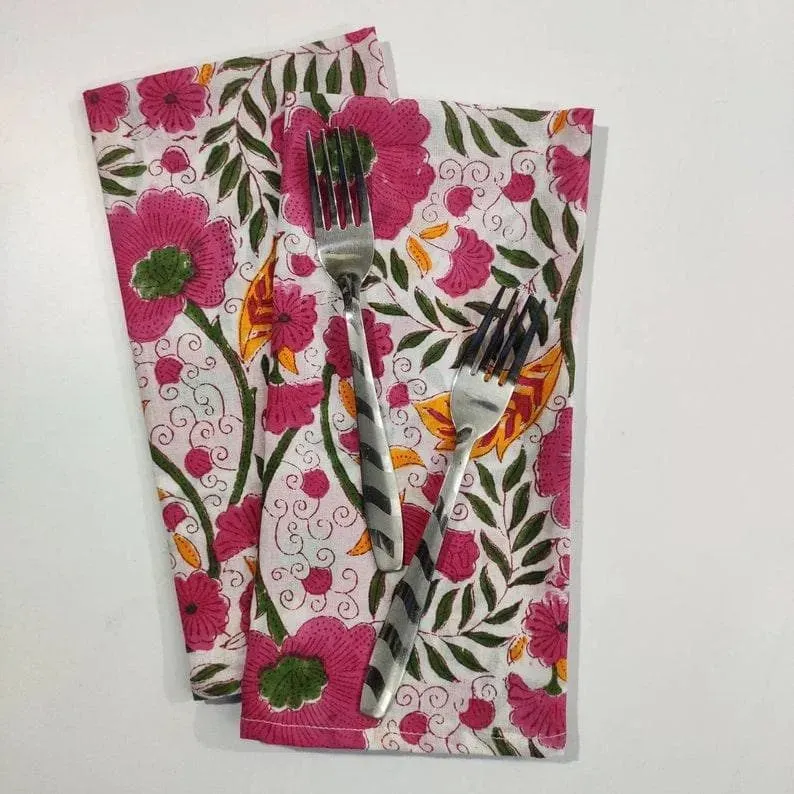 Colorful Spring Floral Block Printed Cotton Napkins