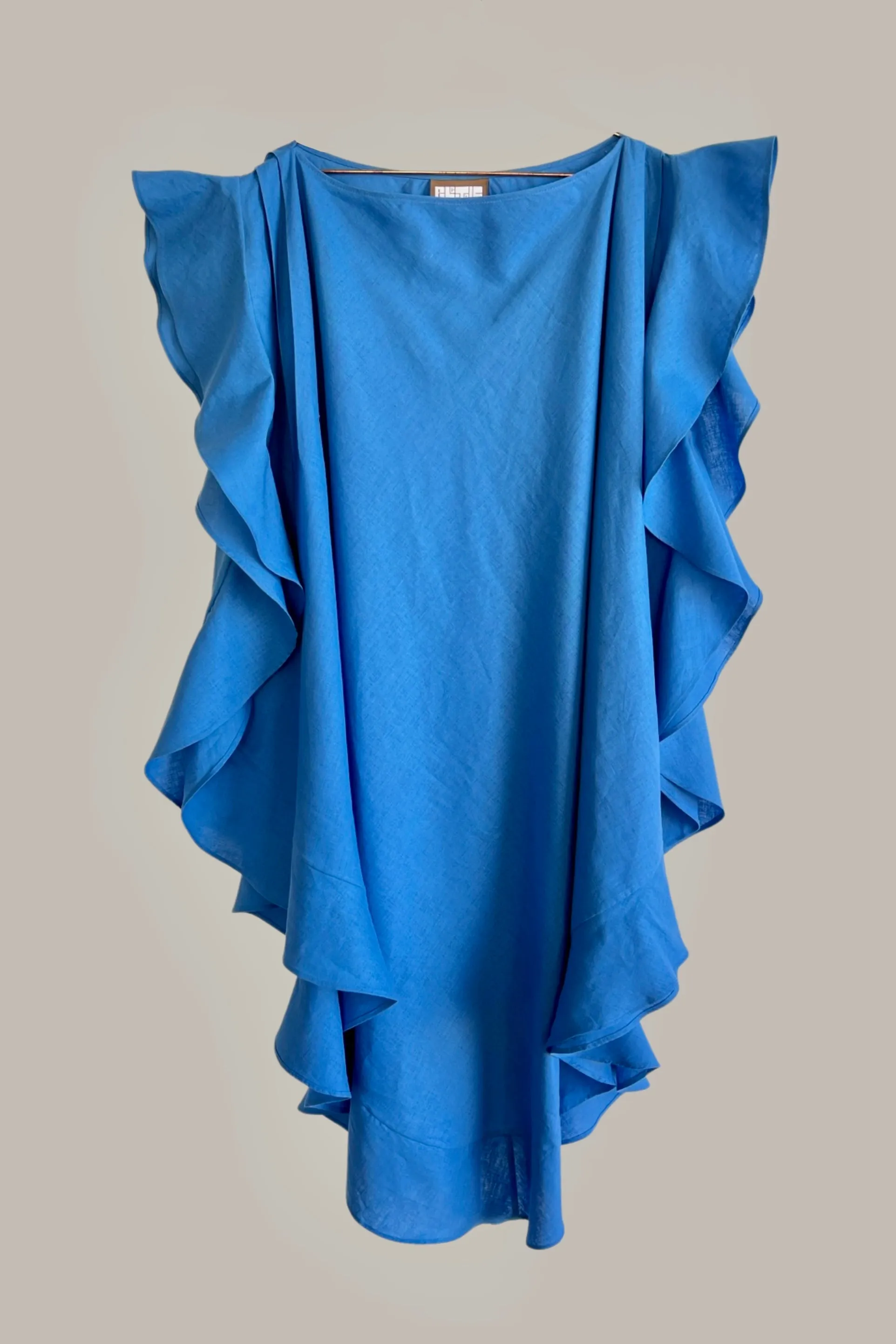 Convertible Ruffle Kaftan with Quilted Obi Belt Cobalt Linen/Cotton