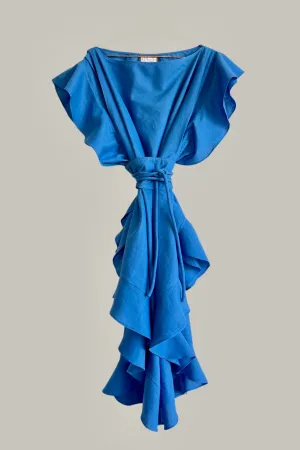 Convertible Ruffle Kaftan with Quilted Obi Belt Cobalt Linen/Cotton