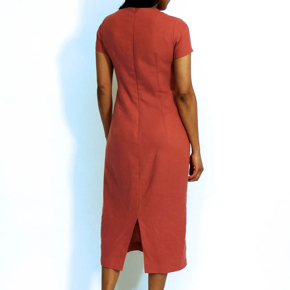 Coral Linen Short Sleeves Dress | ALPHONSINA