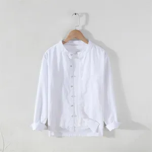 Cotton Linen Stand Collar Long Sleeve Shirt