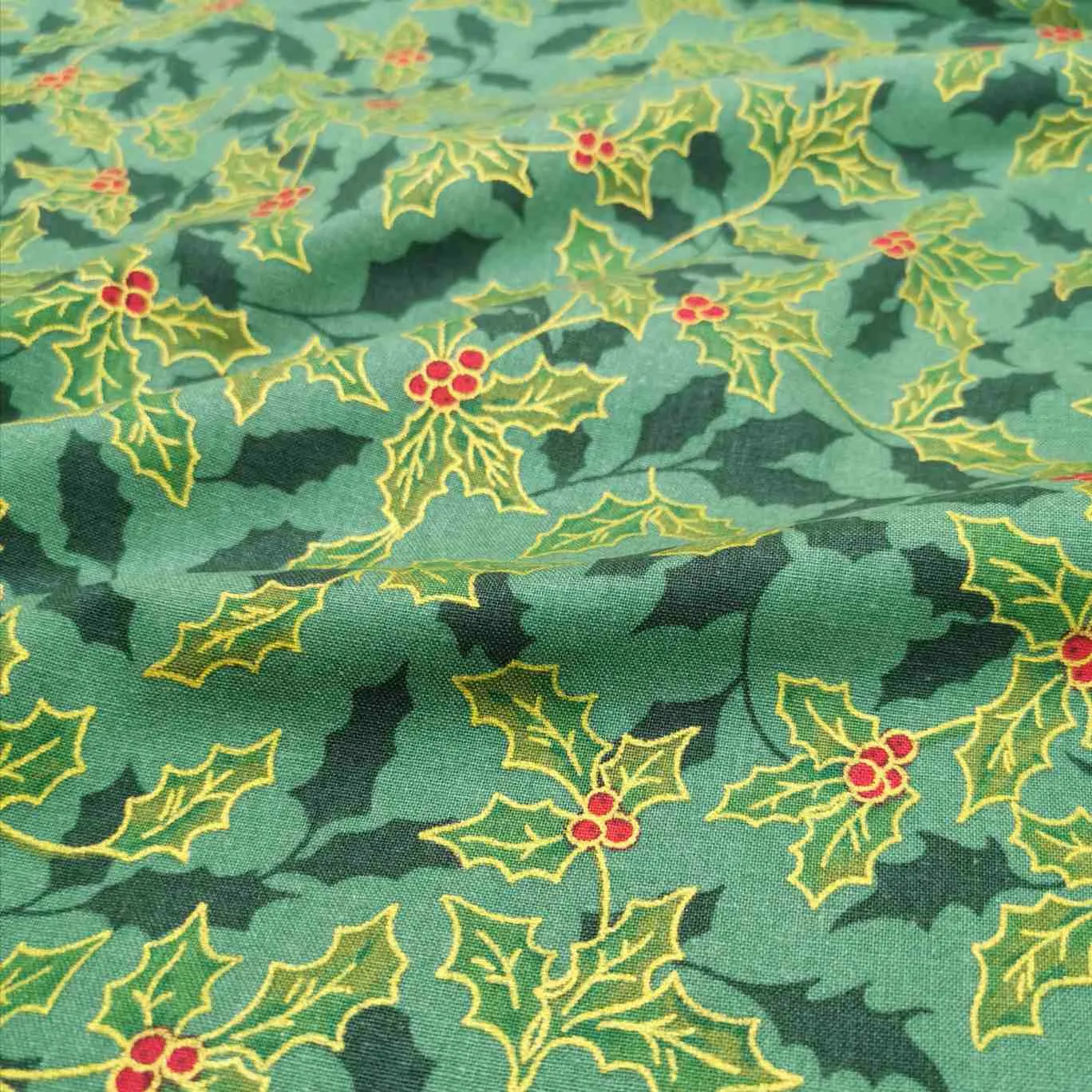Cotton Poplin, Christmas Holly, Green