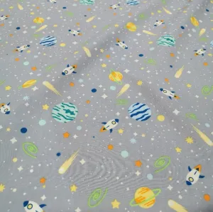 Cotton Poplin, Space Rockets, Grey