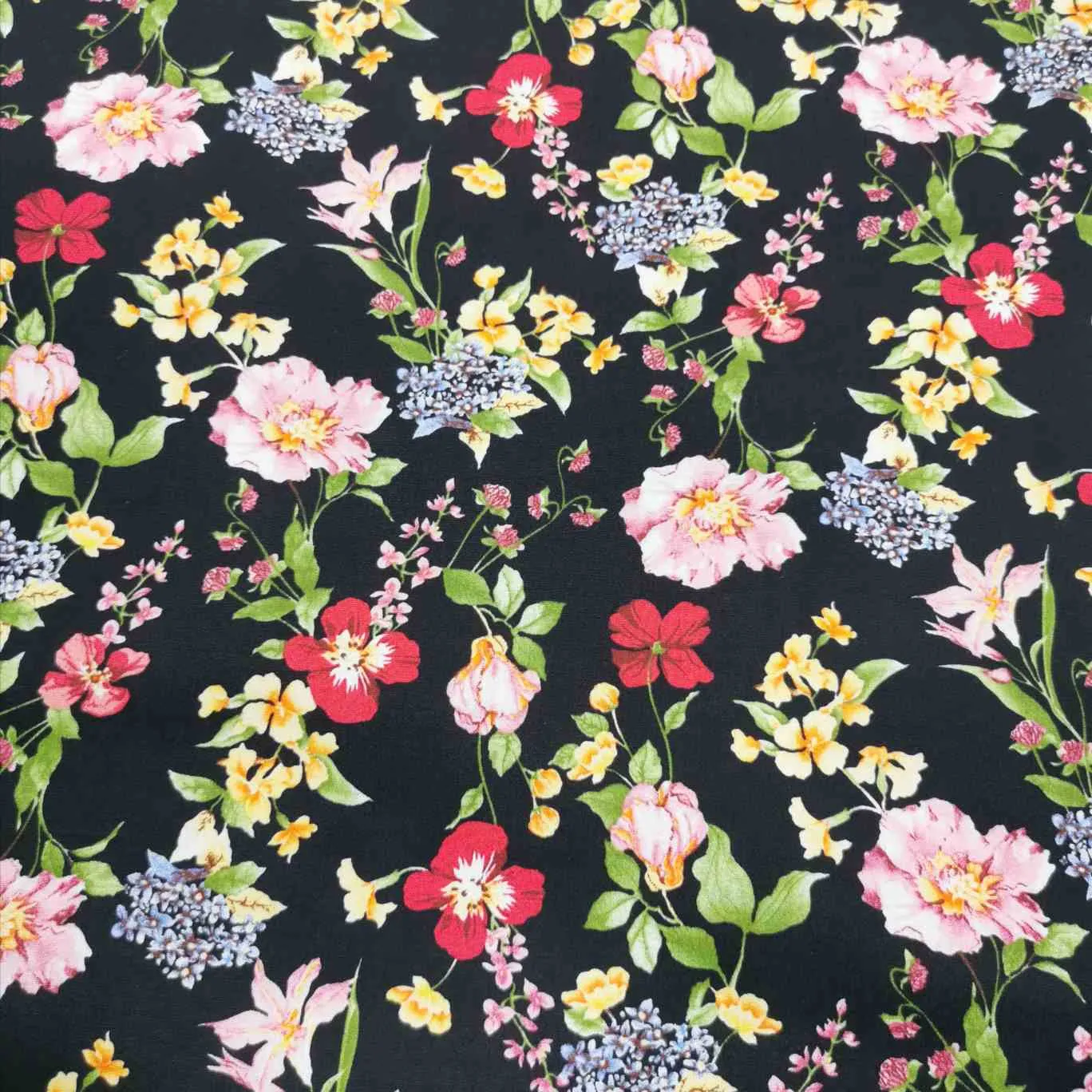 Cotton Poplin, Vintage Floral Garden, Black