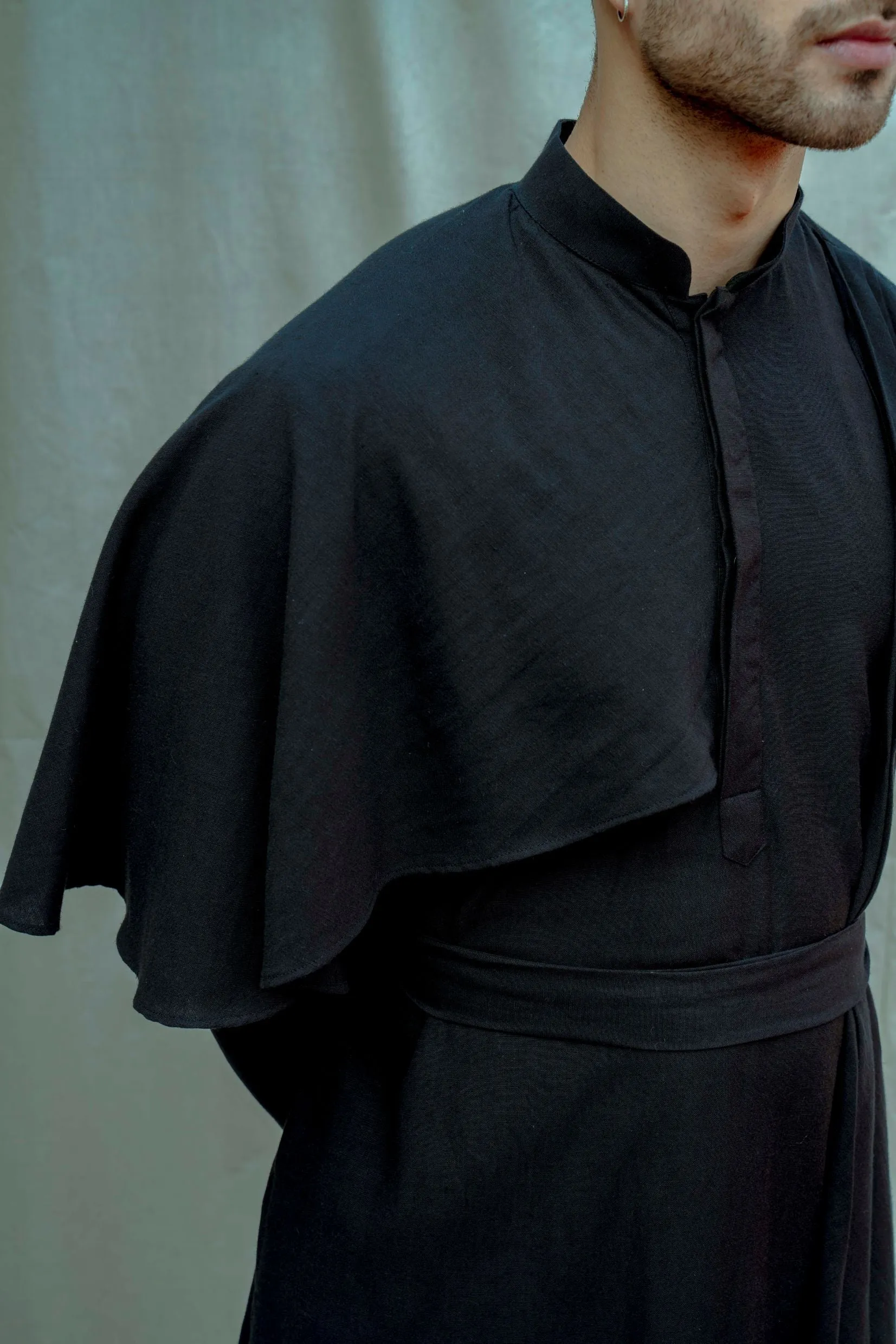 Cotton X Linen Black Cape Style Kurta Set