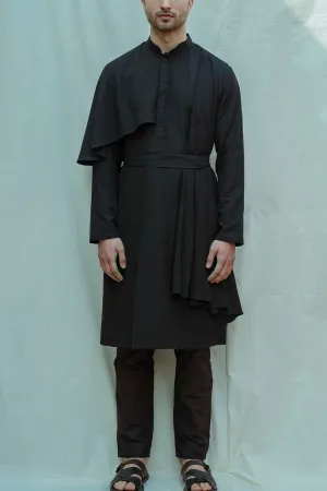 Cotton X Linen Black Cape Style Kurta Set