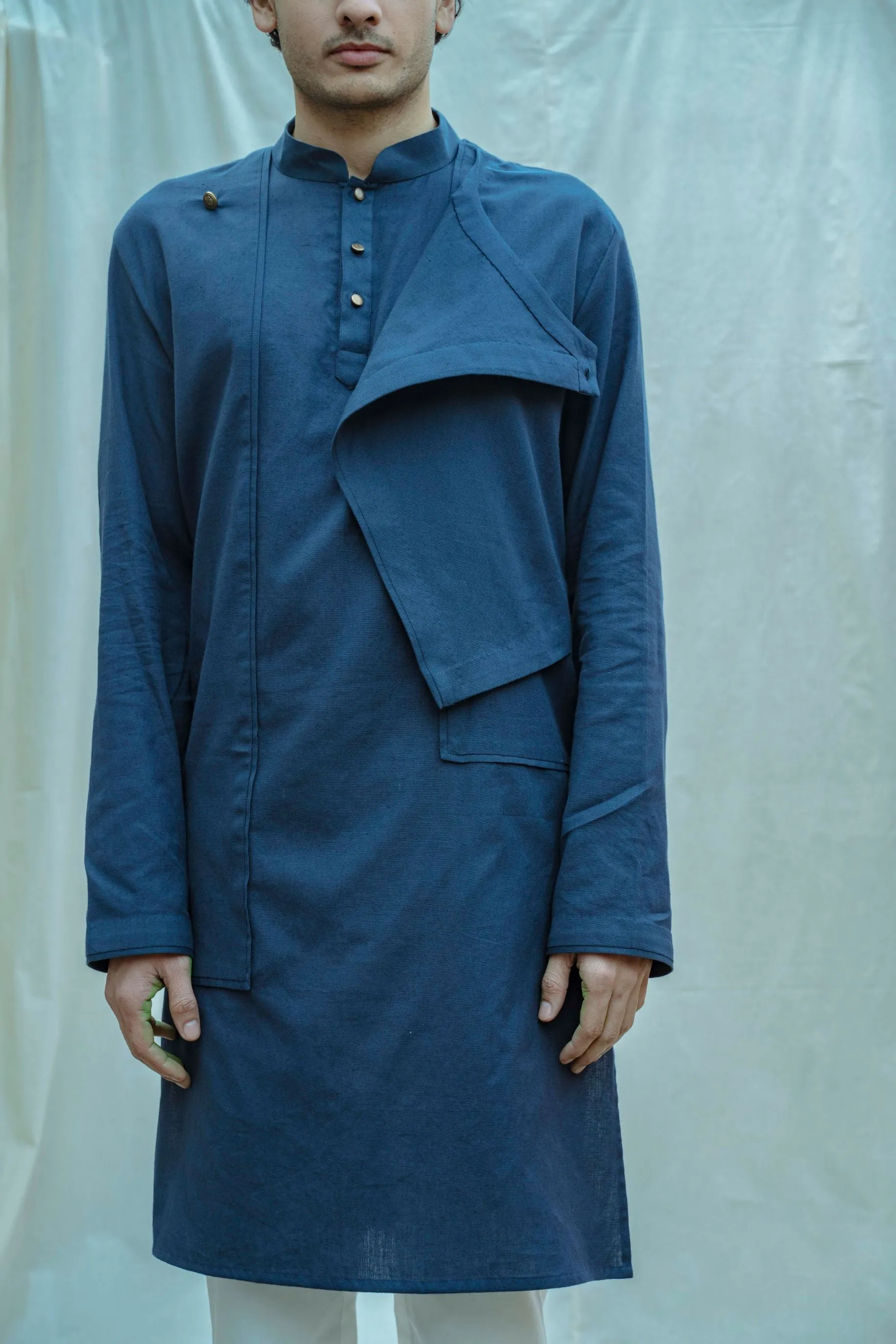 Cotton X Linen Royal Blue Overlap Kurta