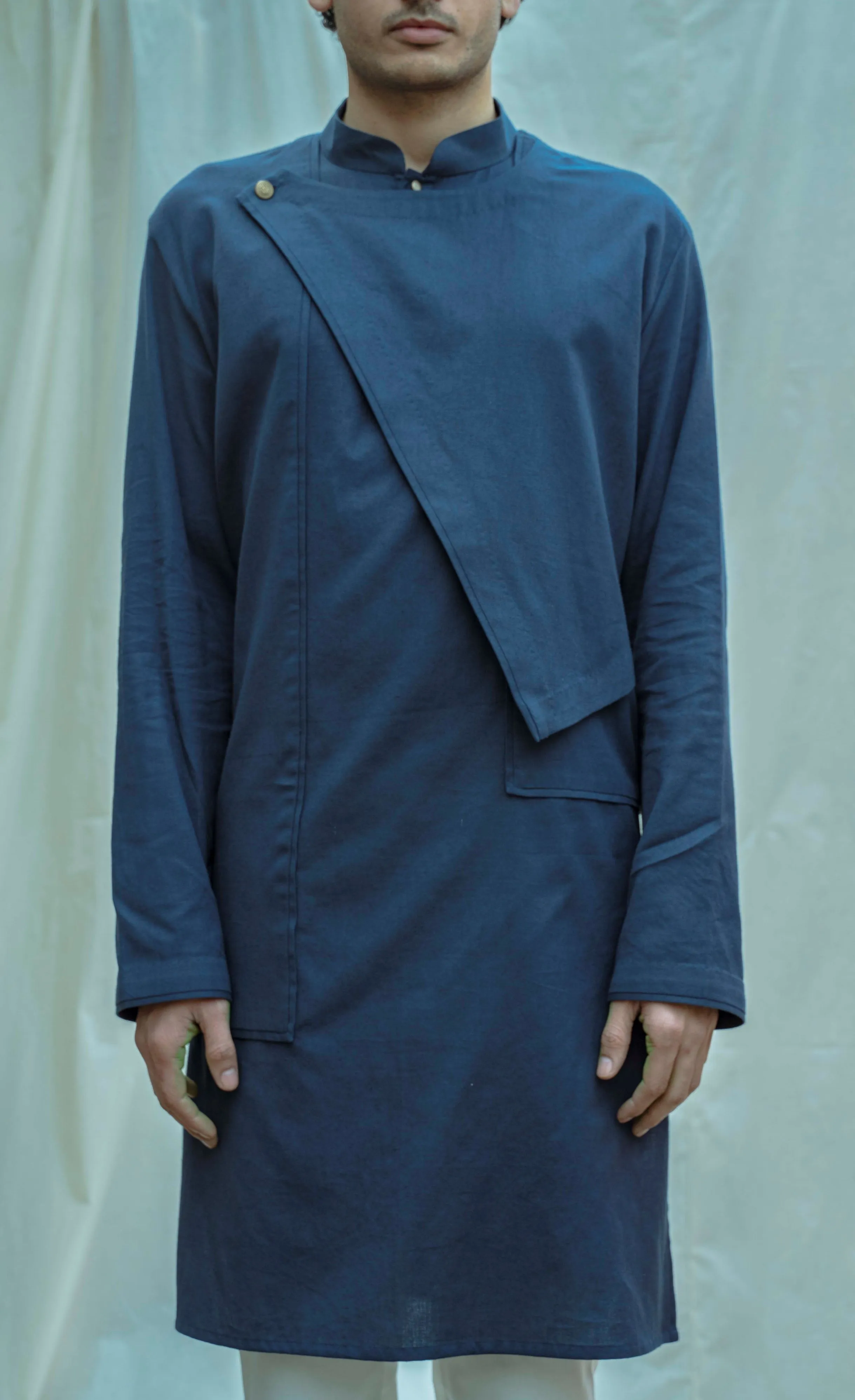 Cotton X Linen Royal Blue Overlap Kurta
