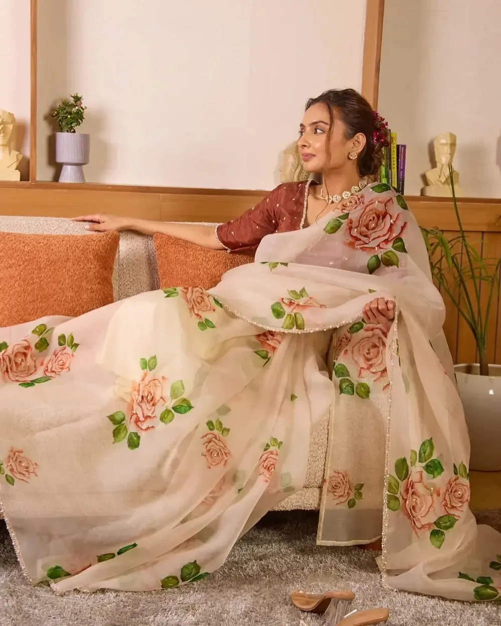 Cream Soft Tebby Silk Saree With Floral Print