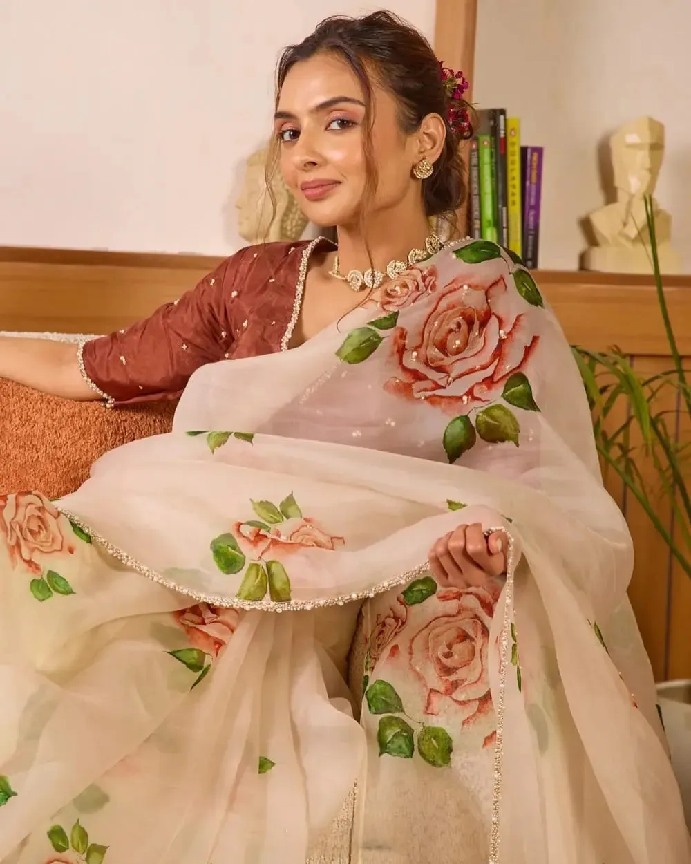 Cream Soft Tebby Silk Saree With Floral Print