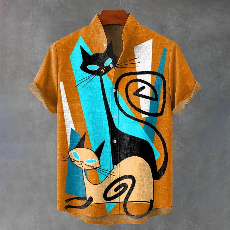 Design Sense Kitten Vintage Print Casual Shirt