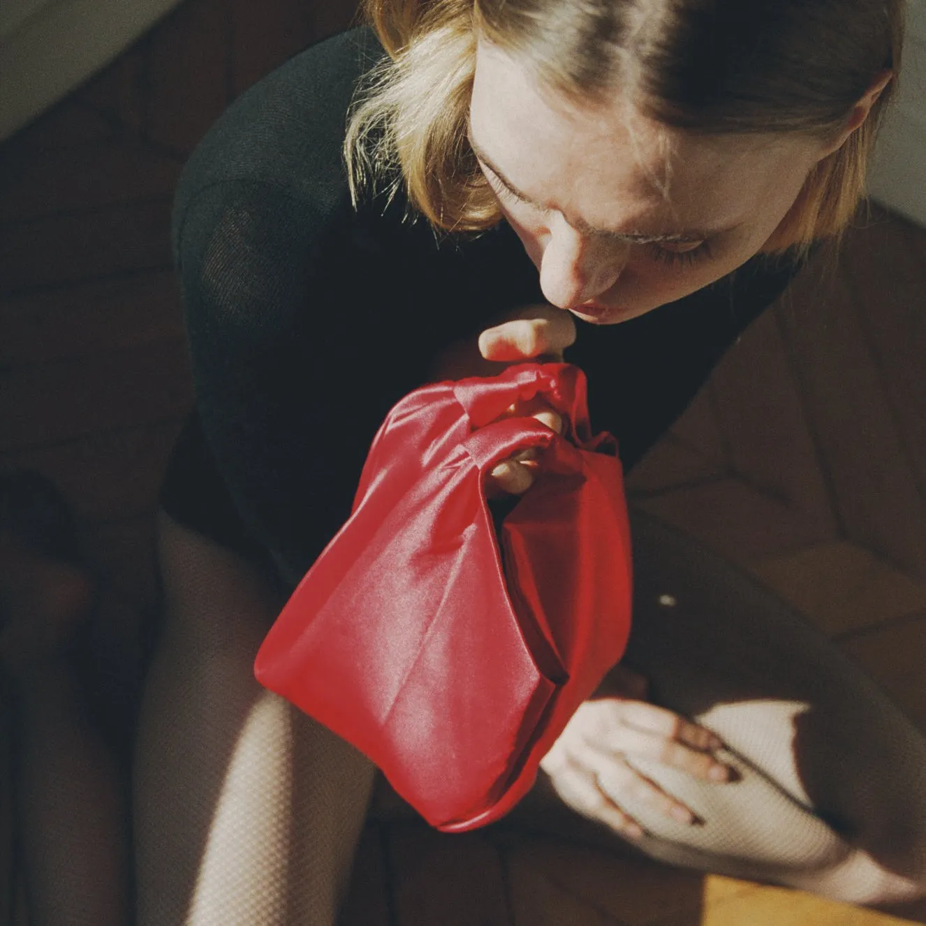 Double Handle Bag - Red Silk Satin