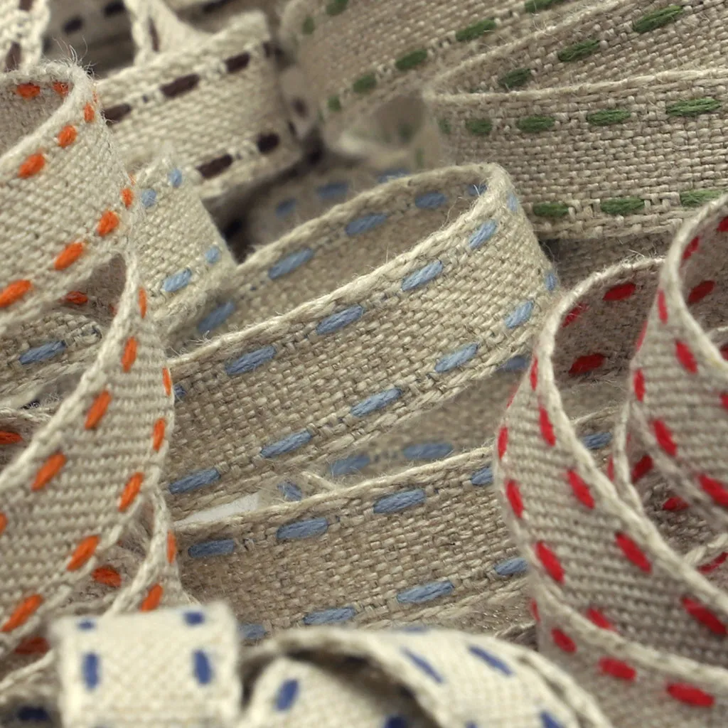 Double Stitched Linen Ribbon #8 Ecru & Green