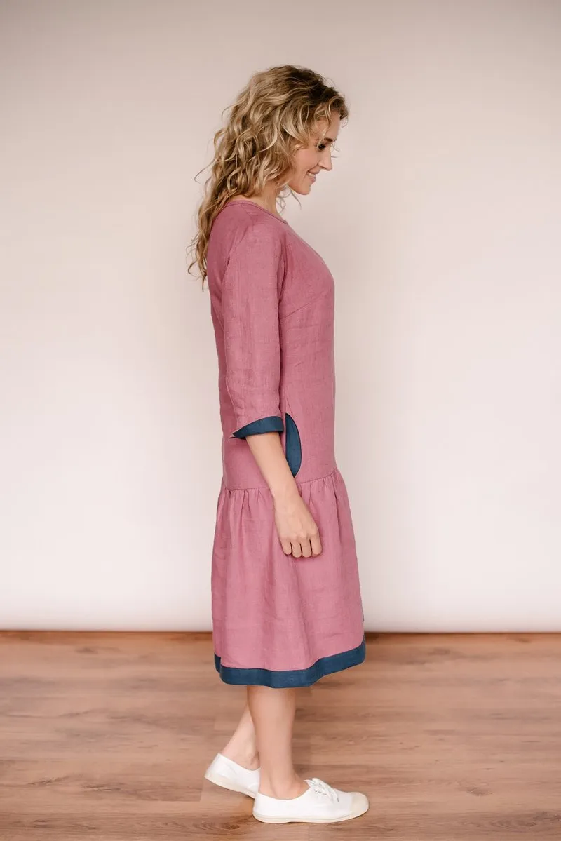 Drop Waist Ruffled Bottom Linen Dress