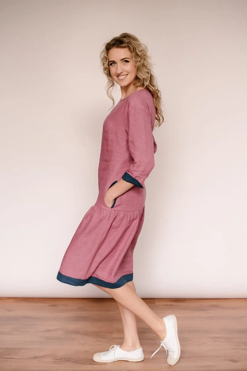 Drop Waist Ruffled Bottom Linen Dress