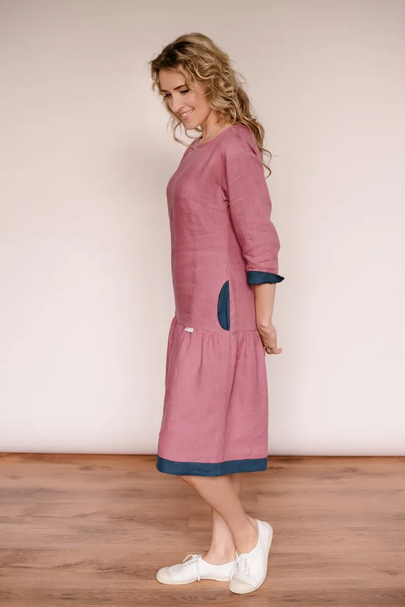 Drop Waist Ruffled Bottom Linen Dress